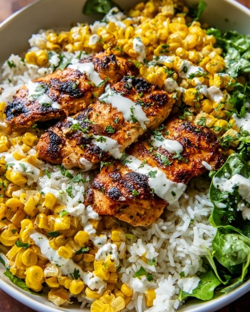 The image shows a white bowl filled with layers of food. The bottom layer is white rice with a soft texture. On top of the rice, there are bright yellow corn pieces mixed with green herbs. Next to the corn, there are grilled chicken pieces with a golden-brown color and grill marks, covered lightly with white sauce. Fresh green leafy vegetables fill the remaining space in the bowl. A woman's hand holds a spoon scooping a piece of chicken and rice. The bowl is placed on a white marbled surface. photo taken with an iphone --ar 4:5 --v 7