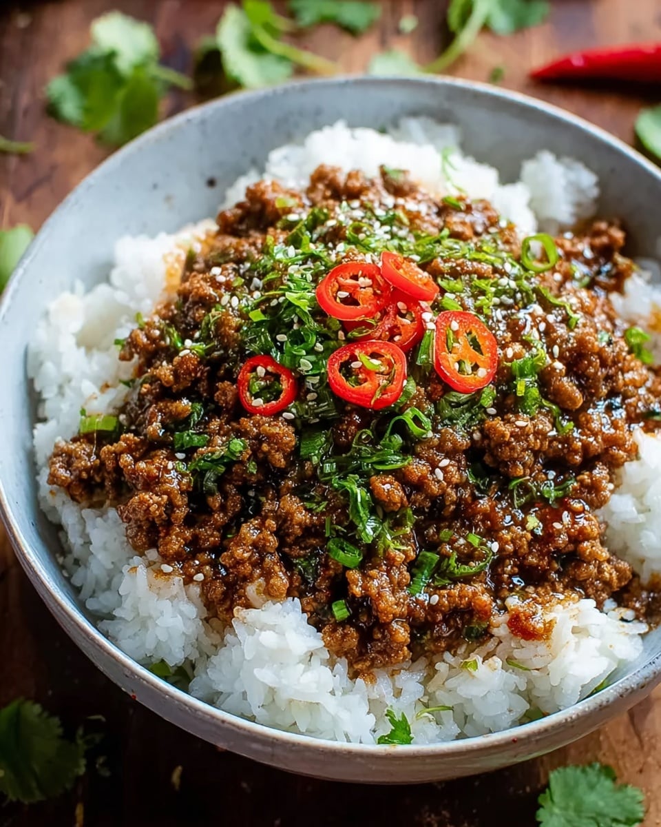 A white bowl filled with two main layers: the bottom layer is fluffy white rice with soft texture, and the top layer is cooked minced meat in a brown sauce with a chunky texture. On top of the meat, there are small green chopped scallions, thin red chili slices, white sesame seeds, and fresh green cilantro leaves placed in the center. The bowl sits on a wooden surface with scattered green herbs around it. Photo taken with an iphone --ar 4:5 --v 7