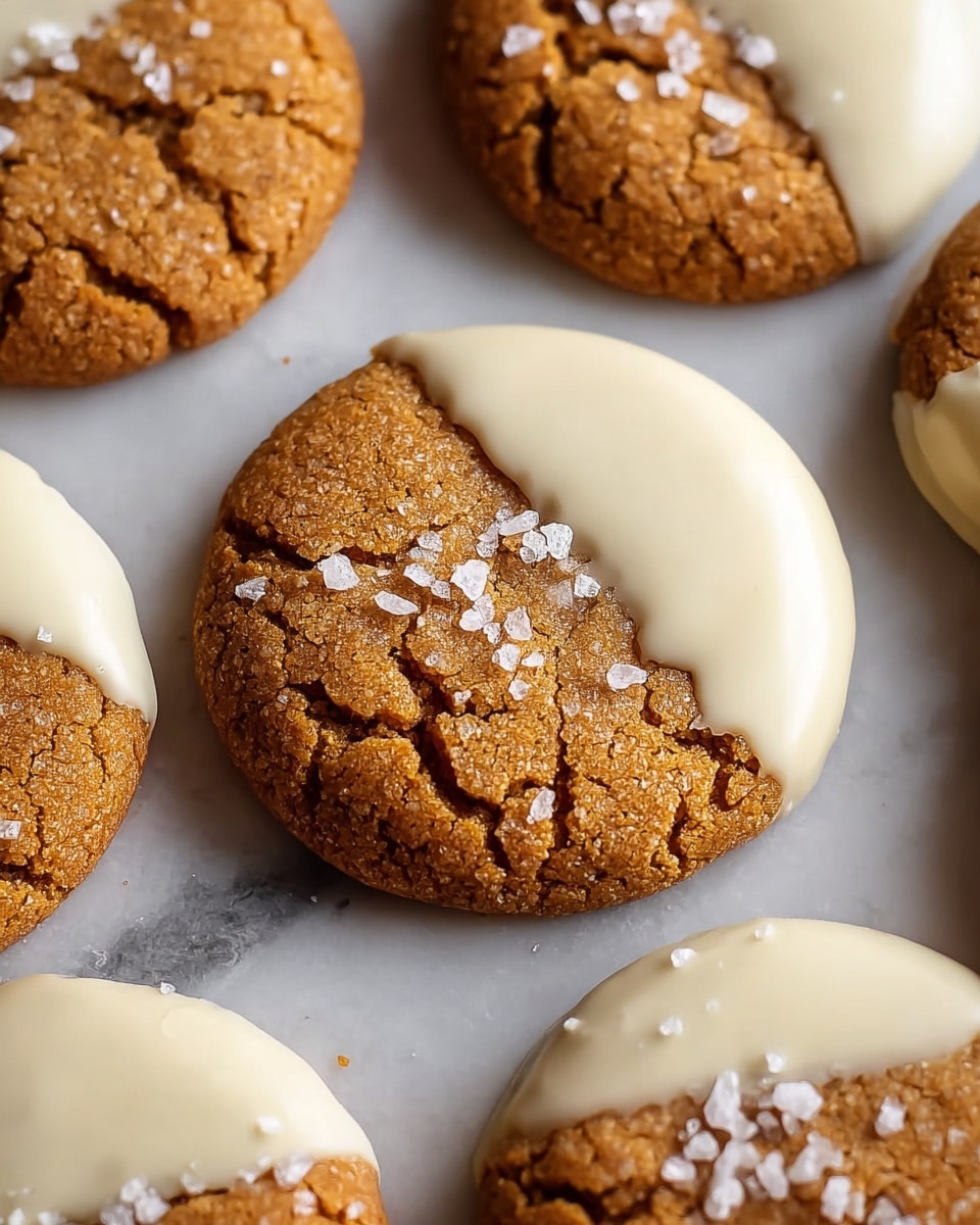 The image shows round cookies with a golden brown, cracked surface texture. Each cookie is half-dipped in smooth white chocolate on the top side, creating a clear division between the golden cookie and the shiny white chocolate layer. On the white chocolate part, there are small coarse salt flakes sprinkled on top, adding texture and contrast. The cookies are laid out on a white marbled surface, and they look slightly soft and chewy. photo taken with an iphone --ar 4:5 --v 7