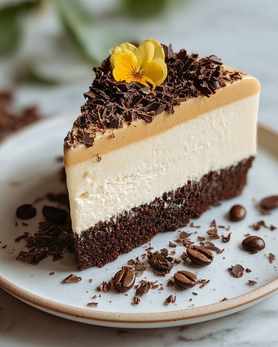 The image shows a slice of cake with three layers. The bottom layer is dark brown and crumbly, looking like a chocolate crust. The middle layer is thick, creamy, and light beige in color with a smooth texture. The top layer is thin and shiny, a caramel-colored glaze. On top of the cake, there are dark chocolate curls and a small yellow flower petal with brown veins. Around the slice, there are small chocolate pieces and whole coffee beans scattered on a white plate set on a white marbled textured surface. photo taken with an iphone --ar 4:5 --v 7
