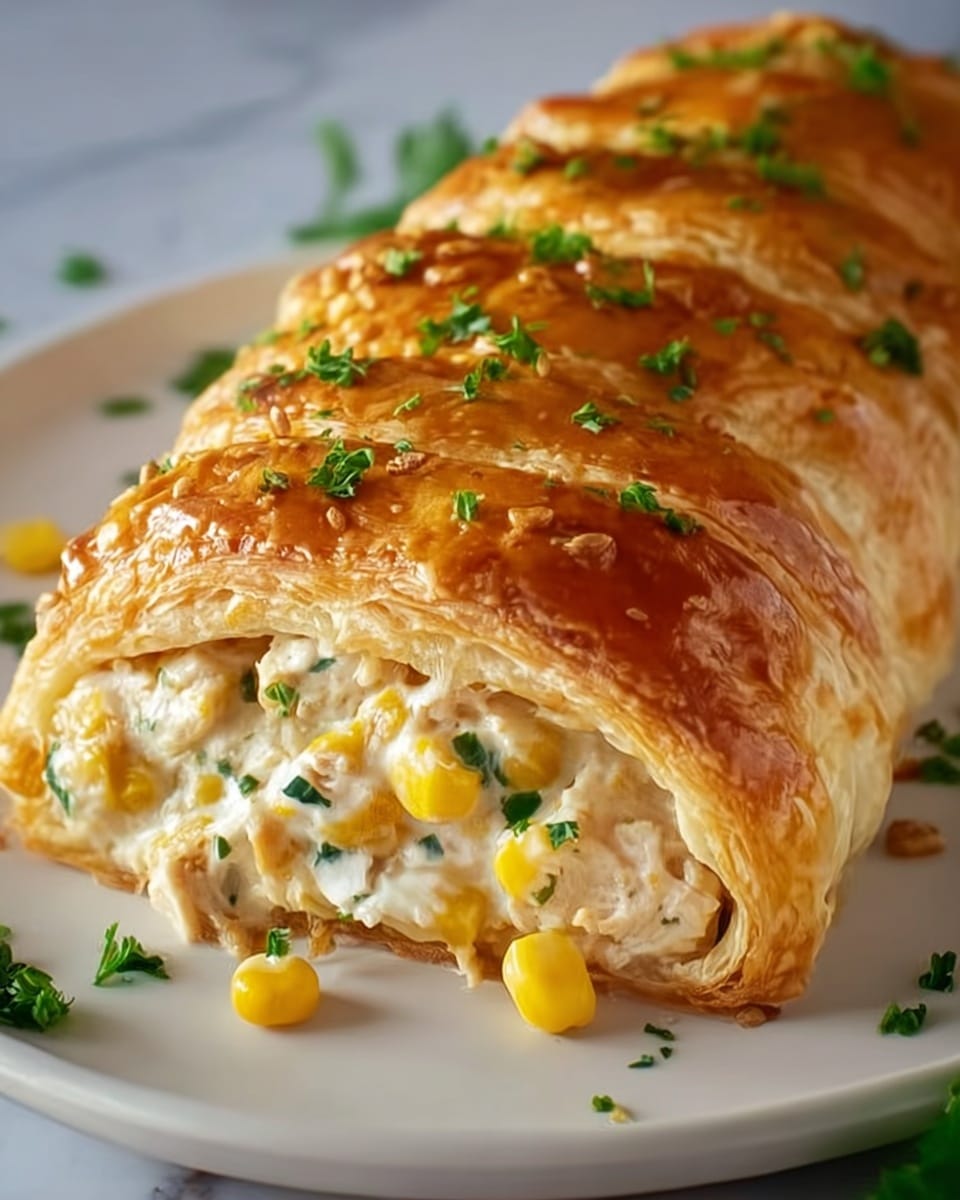 The image shows a golden brown puff pastry roll with a shiny, flaky crust on top, sprinkled with small green parsley leaves. The roll is sliced at one end, revealing a creamy filling made of white sauce, pieces of chicken, and bright yellow corn kernels. The roll sits on a clean white plate placed on a white marbled background. photo taken with an iphone --ar 4:5 --v 7