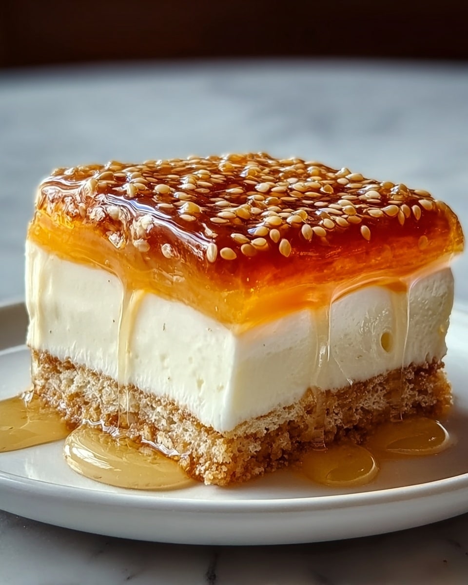 The image shows a layered dessert on a white plate set on a white marbled surface. The dessert has four clear layers: the bottom layer is a light brown, crumbly cake base; above that is a thick, creamy white layer that looks smooth and soft; the third layer is a thin, amber-colored syrup soaked cake or jelly with a sticky texture; the top layer is a shiny golden syrup with small seeds scattered on the surface, giving a glossy and slightly textured look. The syrup gently drips down the sides of the dessert, adding to its rich and moist appearance. Photo taken with an iphone --ar 4:5 --v 7
