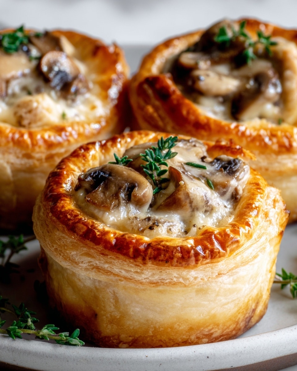 The image shows three golden brown puff pastry cups filled with creamy mushroom filling. Each cup has a flaky crust with a shiny top layer, slightly browned from baking. The filling inside is light beige with visible small mushroom pieces, some topped with chopped herbs for color. They are placed on a flat white plate on a white marbled surface, creating a clean and bright setting. Photo taken with an iphone --ar 4:5 --v 7
