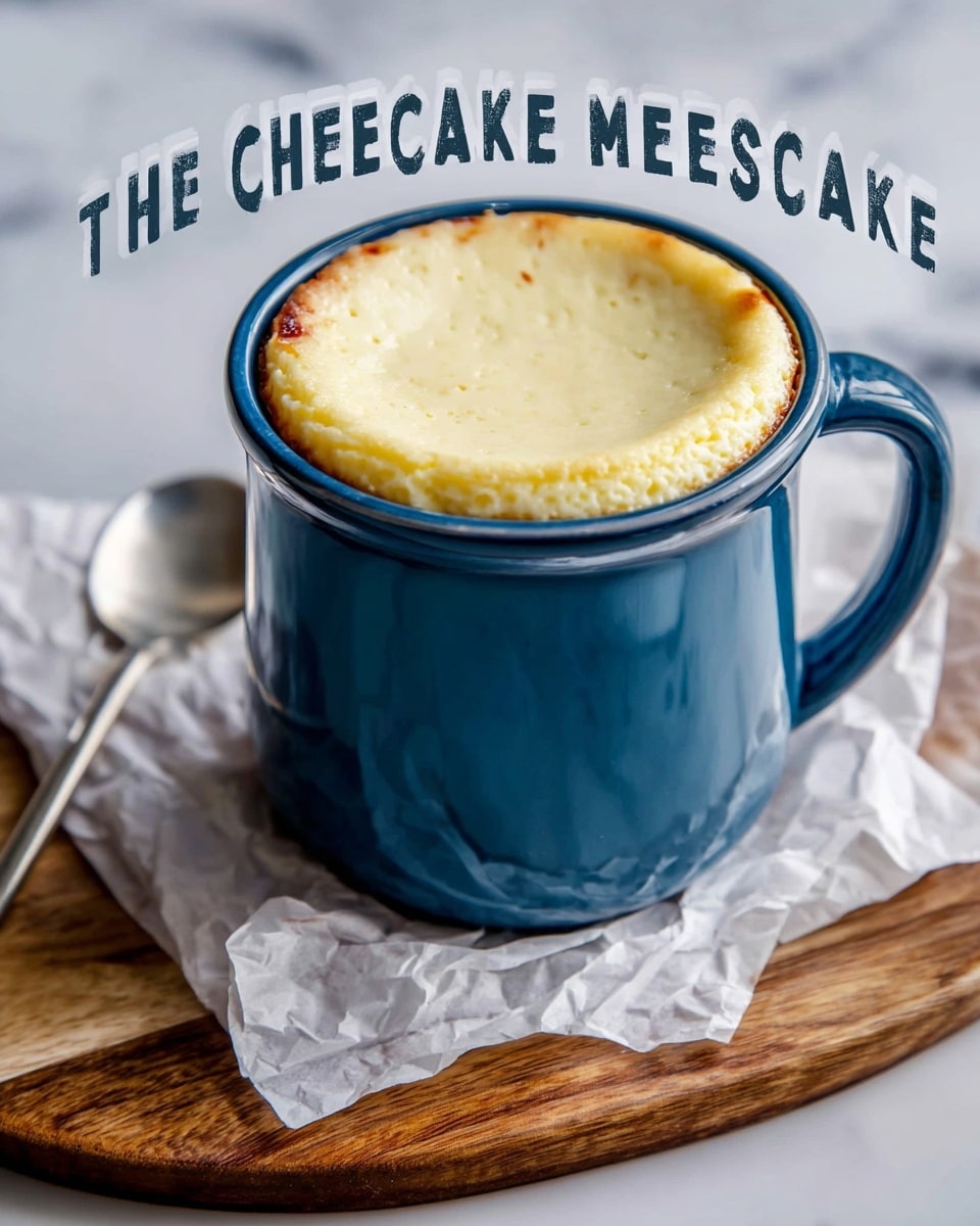A close-up of a mug filled with cheesecake, showing two distinct layers: a slightly browned, firm crust around the edges, and a smooth, creamy pale yellow cheesecake layer on top with a slight swirl pattern in the middle. The mug is light blue with a shiny, smooth texture, and it sits on white parchment paper over a wooden surface. Next to the mug is a silver spoon, and the background has a soft, out-of-focus look with a white marbled texture. Photo taken with an iphone --ar 4:5 --v 7