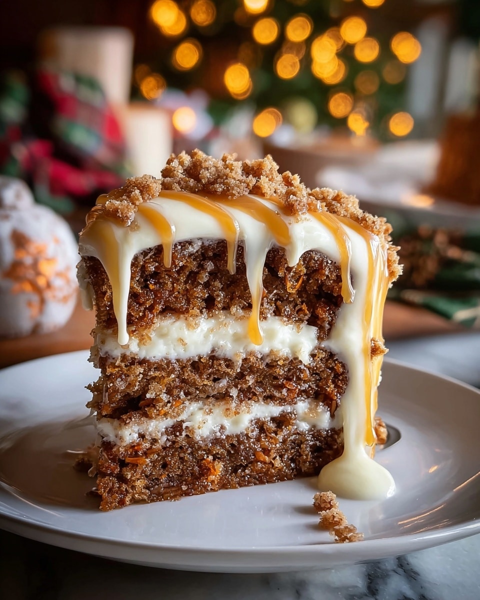 A close-up slice of two-layer brown carrot cake on a white plate, with a creamy white frosting layer sandwiched in the middle and thick white icing dripping down the sides, topped with golden caramel drizzle and a crumbly brown streusel. The background is softly blurred with warm, festive bokeh lights and holiday decor on a white marbled surface. Photo taken with an iphone --ar 4:5 --v 7