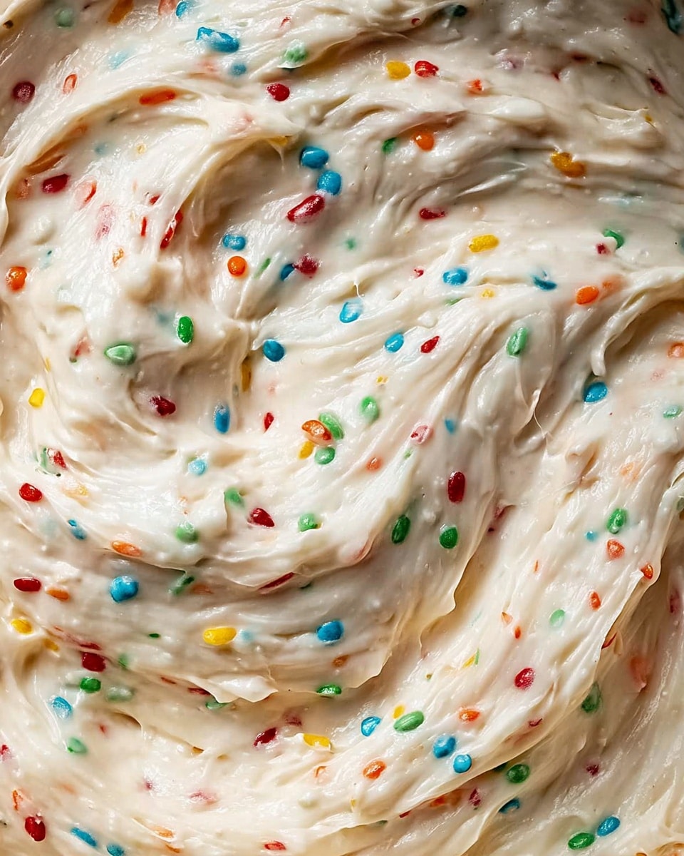 A close-up of creamy white batter filled with small, colorful round sprinkles in red, green, blue, yellow, and orange scattered evenly throughout. The batter has a smooth, thick texture with soft peaks and swirls showing gentle movement. The background shows a white marbled texture that contrasts with the batter’s vibrant specks. The image captures the batter’s rich and fluffy appearance, focusing tightly on the mixture itself. photo taken with an iphone --ar 4:5 --v 7