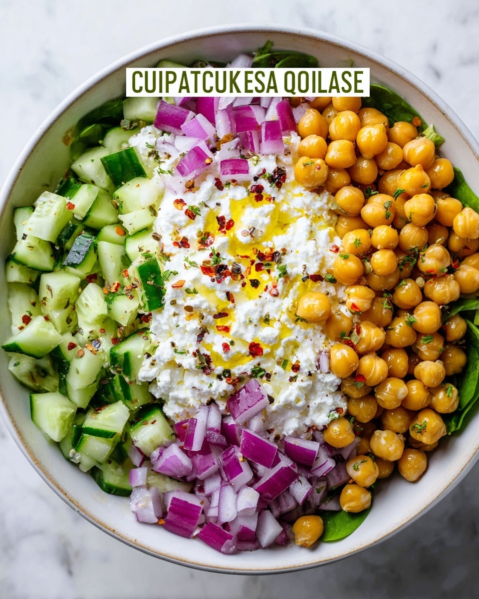 A white bowl filled with four main layers neatly arranged side by side; on the top left is a layer of light orange chickpeas with a smooth texture, on the top right there are thin, chopped pieces of bright purple-red onion, on the bottom left chopped green cucumber pieces with a fresh crisp look, and on the bottom right a generous scoop of creamy white cottage cheese topped with a drizzle of golden olive oil and sprinkled with herbs and red chili flakes, all placed on a white marbled surface. photo taken with an iphone --ar 4:5 --v 7