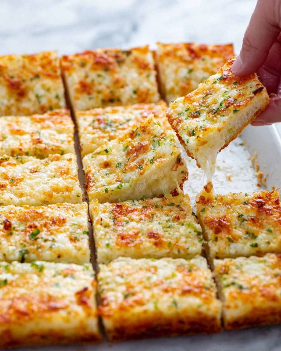 The image shows a close-up view of a white square dish filled with cheesy garlic bread cut into small rectangular pieces arranged in neat rows. The top layer is golden and crispy with melted cheese and small bits of green herbs sprinkled evenly, giving a textured surface with light browning. A woman's hand is lifting one piece, showing the soft, stretchy melted cheese inside and a thin, slightly browned crust at the bottom. The background is a white marbled surface. Photo taken with an iphone --ar 4:5 --v 7