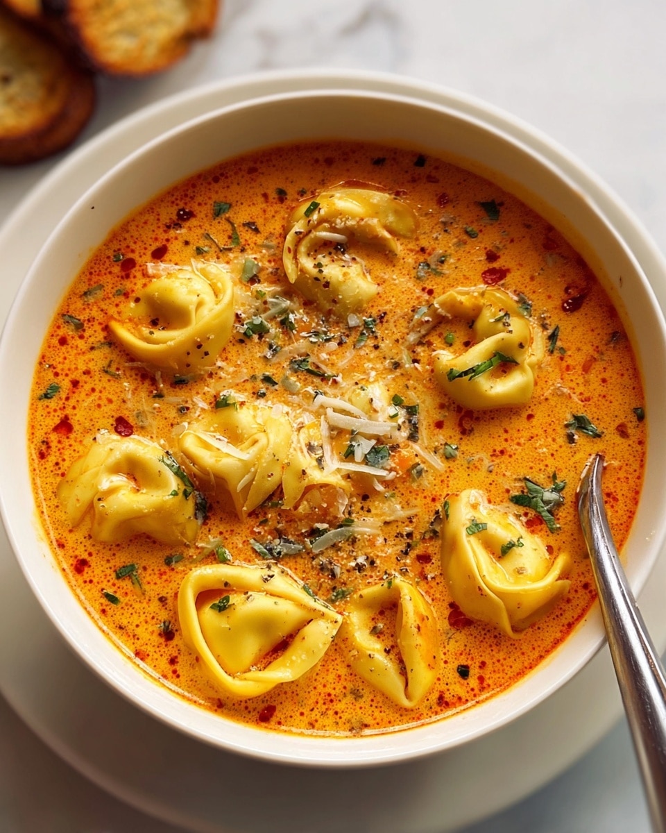 A white bowl filled with creamy orange-red soup, speckled with herbs and tiny chili flakes, holding about eight yellow tortellini pasta pieces floating on top; the tortellini are soft with a smooth texture and slightly folded edges, garnished by finely chopped green herbs and thin shreds of white cheese, with a silver spoon partially dipped in the soup on the right side, all placed on a white marbled surface with a piece of toasted bread slightly visible in the corner. photo taken with an iphone --ar 4:5 --v 7