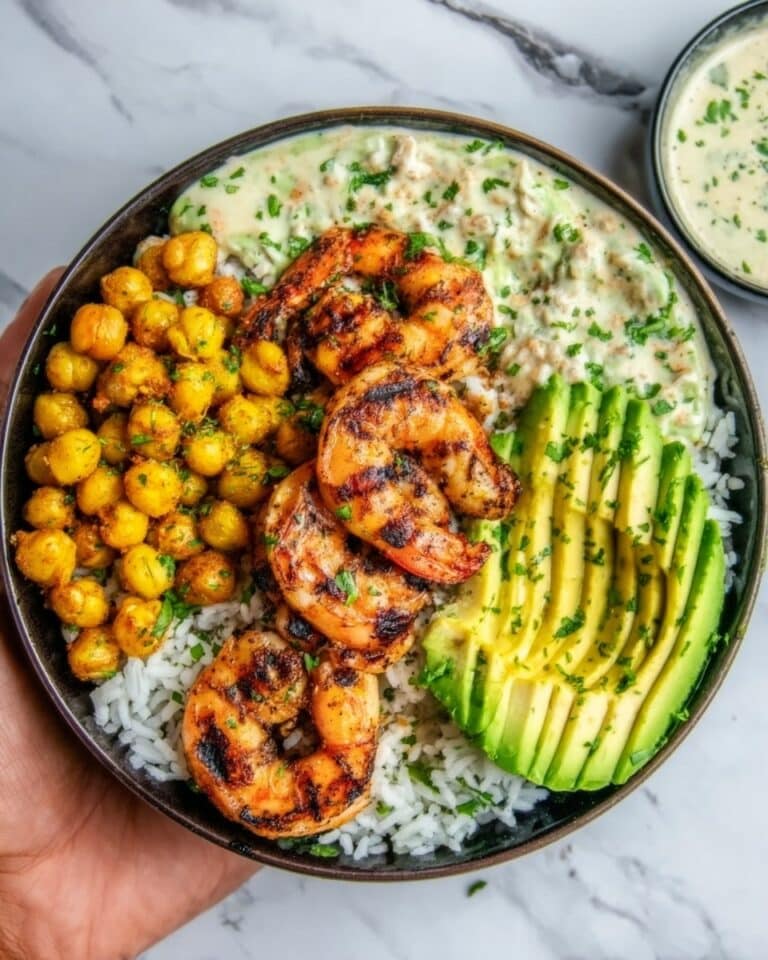 Grilled Shrimp Bowl with Avocado, Corn Salsa & Creamy Garlic Sauce Recipe