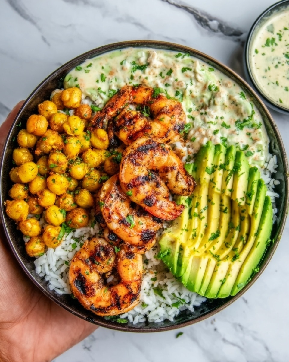 A white bowl filled with a colorful layered dish, starting at the bottom with fluffy white rice, topped with three grilled shrimp arranged in a curved line with visible dark grill marks. To one side of the shrimp, there are bright yellow roasted chickpeas with a spiced coating, and next to them, several slices of fresh, green avocado. A creamy sauce sprinkled with green herbs sits beside the avocado. The bowl is placed on a white marbled surface, and a woman's hand is gently touching the bowl from the side. Photo taken with an iphone --ar 4:5 --v 7