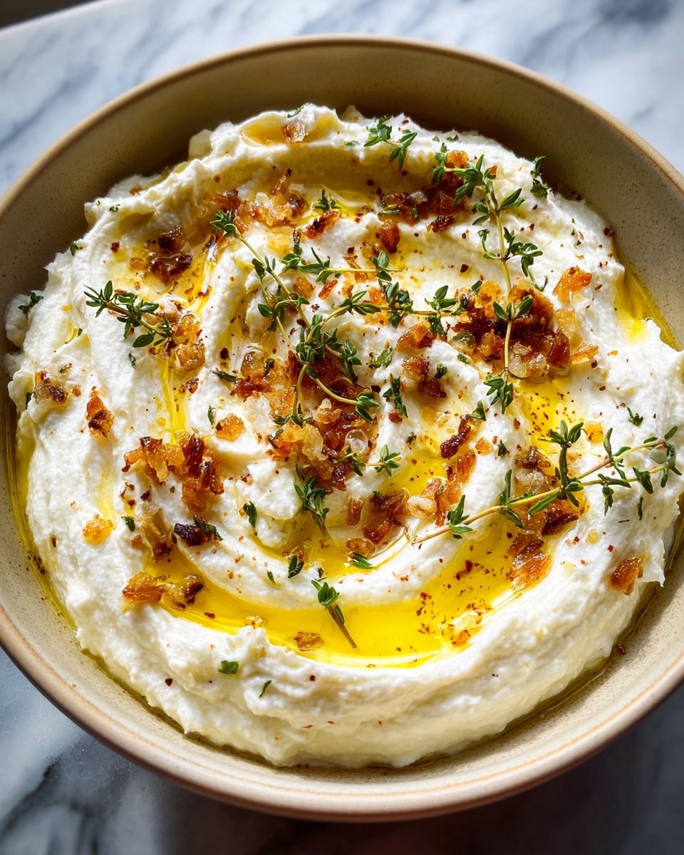 The image shows a bowl filled with a creamy white spread that looks soft and fluffy, spread in a swirled pattern. The top layer is drizzled with golden yellow oil that fills the swirls, and it is sprinkled with small bits of crispy, browned pieces. Fresh green herb sprigs, likely thyme, are scattered across the top, adding texture and color contrast. The bowl is a light beige ceramic with a smooth finish, set on a white marbled surface. The lighting is bright, enhancing the rich colors and textures of the dish. photo taken with an iphone --ar 4:5 --v 7