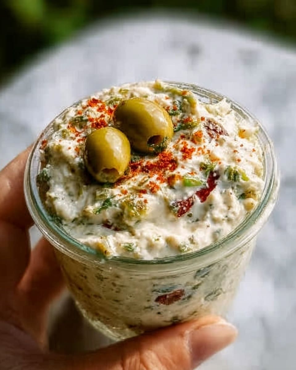 A small clear glass jar filled with a creamy white dip mixed with green and red chili pieces and small chunks of herbs, topped with a few whole green olives and sprinkled with red spice. The dip has a thick texture with visible bits spread evenly. A woman's hand is holding the jar with the background showing a white marbled surface. Photo taken with an iphone --ar 4:5 --v 7