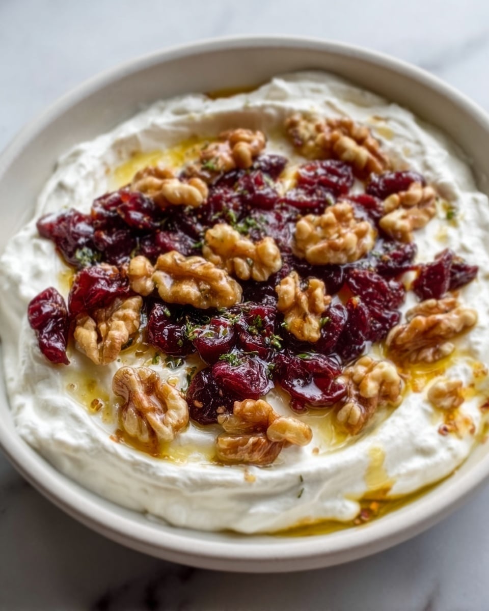 A white bowl filled with a creamy white yogurt base, thick and smooth in texture, topped with a mix of glossy, dark red dried cranberries scattered unevenly across the surface. On top of the cranberries, there are toasted golden-brown walnuts, some broken into smaller pieces, adding a crunchy texture contrast. The creamy base shows small green specks of herbs mixed in. The bowl sits on a white marbled surface, creating a clean and simple background. The photo shows bright natural light highlighting the colors and textures. photo taken with an iphone --ar 4:5 --v 7