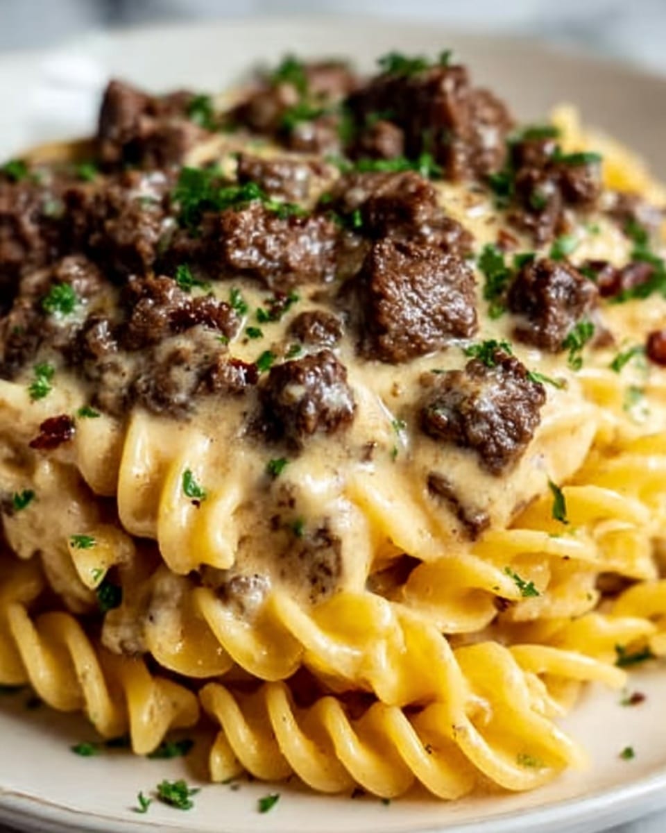 The image shows a close-up of pasta on a white plate, with thick noodles covered in creamy, yellow cheese sauce. On top, there are small chunks of brown cooked beef scattered evenly, mixed with finely chopped green herbs that add color contrast. The cheese sauce is smooth and slightly glossy, coating the pasta and beef well. The background is a white marbled surface. Photo taken with an iphone --ar 4:5 --v 7