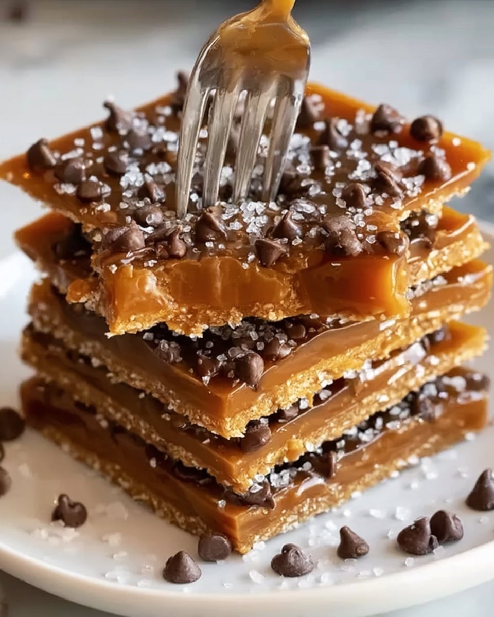 The image shows a close-up of a tall stack of square caramel toffee layers with a fork cutting into the top layer. The stack has five visible layers, each with a smooth, shiny caramel toffee sheet topped with tiny chocolate chips scattered evenly, and sprinkled with coarse salt crystals that glisten. The edges of the layers reveal a golden, crunchy texture, while the top layer shines with a caramel glaze. All of this sits on a white plate with a white marbled surface underneath. Photo taken with an iphone --ar 4:5 --v 7