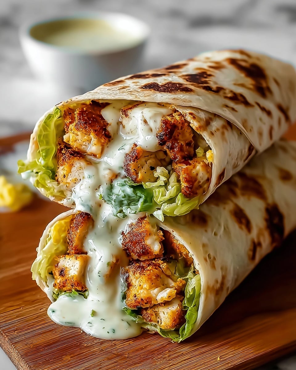 Two grilled chicken wraps stacked on each other, each wrapped in a thin, slightly browned tortilla with char marks. Inside, the first layer features green leafy lettuce, topped by juicy, golden-brown grilled chicken pieces with a crispy texture. Creamy white sauce is generously drizzled over the chicken, slightly dripping out of the open ends. The wraps rest on a wooden board with a blurred small white bowl of sauce in the background, all set against a white marbled surface. Photo taken with an iphone --ar 4:5 --v 7