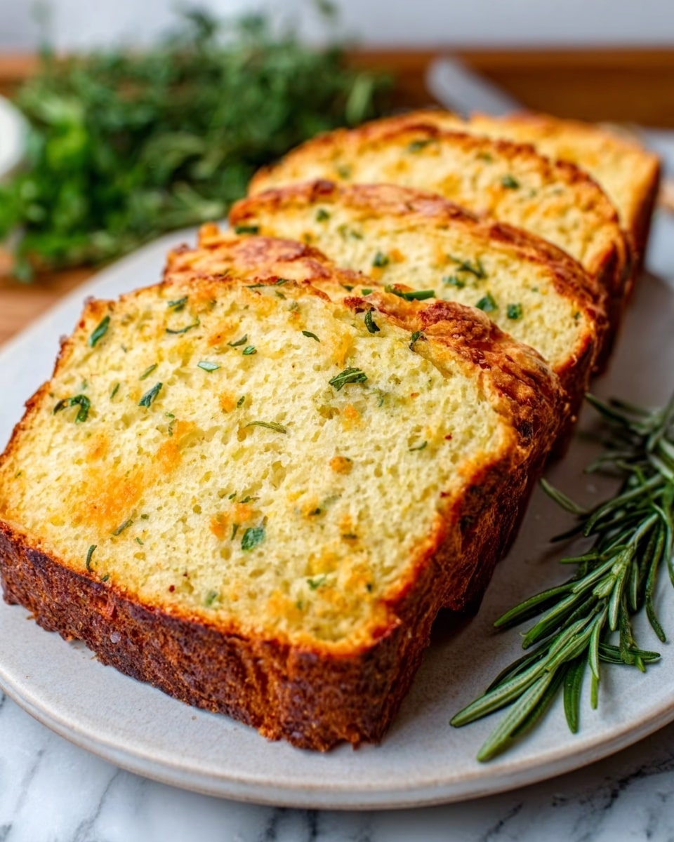 Three thick slices of golden brown garlic bread are layered slightly overlapping on a round white plate. Each slice shows a soft, light yellow inside filled with bright green chopped herbs and melted orange cheese bits, with a crispy darker brown crust around the edges. A few sprigs of fresh rosemary and scattered green herb leaves decorate the plate. The whole scene sits on a white marbled texture surface. Photo taken with an iphone --ar 4:5 --v 7