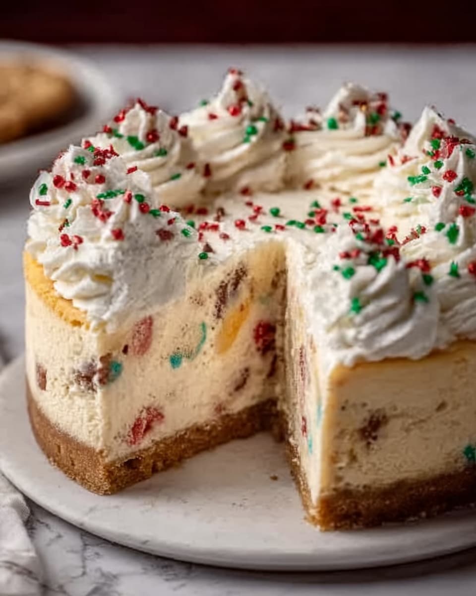The image shows a round cake with three visible layers: the bottom layer is a light brown crust, the middle layer is creamy white with colorful bits of candy mixed inside like small rainbow sprinkles, and the top layer is thick white whipped cream with red and green sprinkles on top. One slice of the cake is cut out, revealing the inside layers clearly. The cake sits on a white plate placed on a white marbled surface. The texture looks soft and creamy with a smooth surface and fluffy topping. Photo taken with an iphone --ar 4:5 --v 7