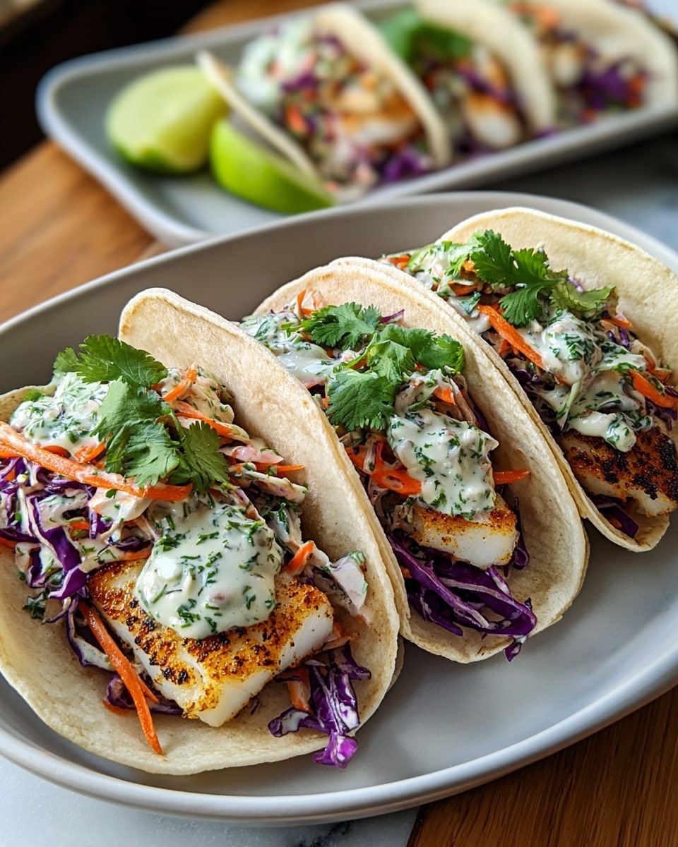 Three grilled fish tacos sit side by side on a white oval plate. Each taco has a soft, light beige tortilla folded to hold thick pieces of golden-brown grilled fish at the bottom, topped with a mix of shredded bright purple cabbage and thin orange carrot strips. A creamy, white sauce with green herbs is drizzled over the vegetables, with fresh green cilantro leaves adding color and freshness on top. In the background, there is a lime wedge and blurred tacos on a white dish, all placed on a surface with a white marbled texture. photo taken with an iphone --ar 4:5 --v 7