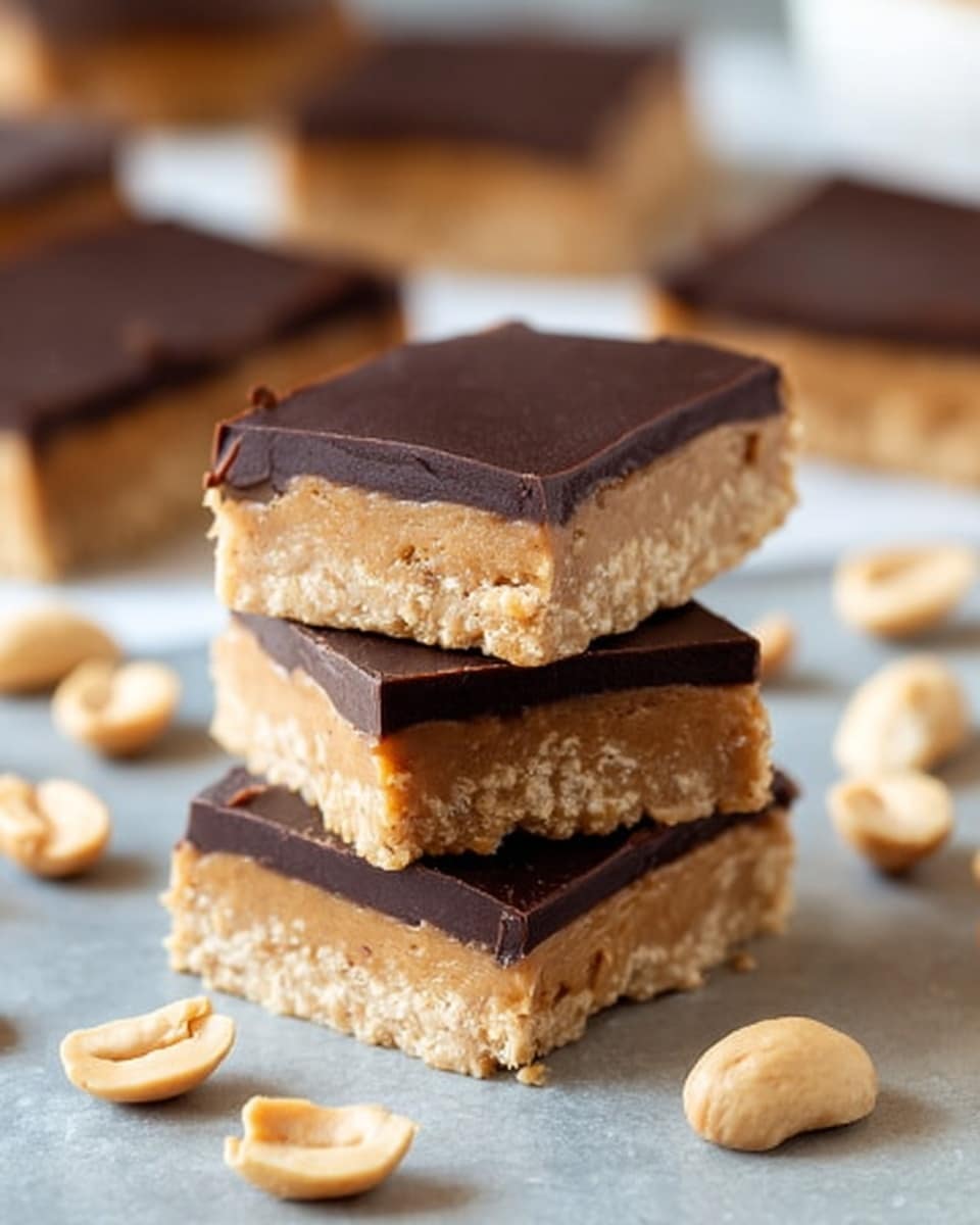 The image shows a close-up of three stacked peanut butter bars with a thick, smooth dark chocolate layer on top. Each bar has two layers: a dense, light brown peanut butter base with a slightly crumbly texture, and a glossy, dark chocolate layer covering it fully. The bars are rectangular and placed on a flat, light-colored surface with a white marbled texture. Around the bars, there are scattered halved peanuts, some blurred bars in the background, all on the same white marbled surface. photo taken with an iphone --ar 4:5 --v 7