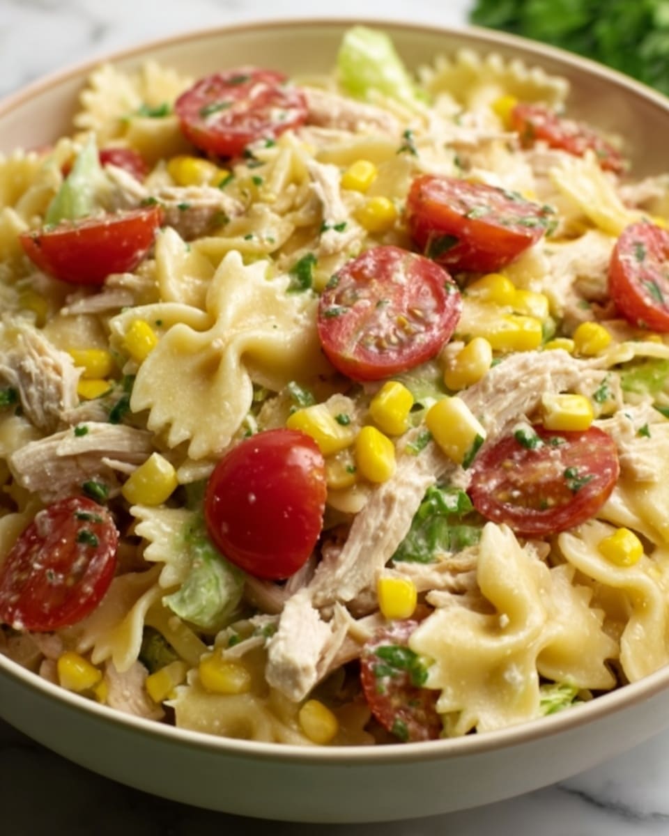 This image shows a close-up of a bowl filled with layered pasta salad. The bottom layer is light yellow farfalle pasta with a smooth texture. On top, there are pieces of shredded white chicken mixed throughout. Scattered over the pasta and chicken are small, bright yellow corn kernels adding a pop of color. Halved cherry tomatoes with a shiny red skin and small green lettuce pieces are spread evenly across the top, giving the dish a fresh look. The bowl is white, sitting on a white marbled surface. Photo taken with an iphone --ar 4:5 --v 7