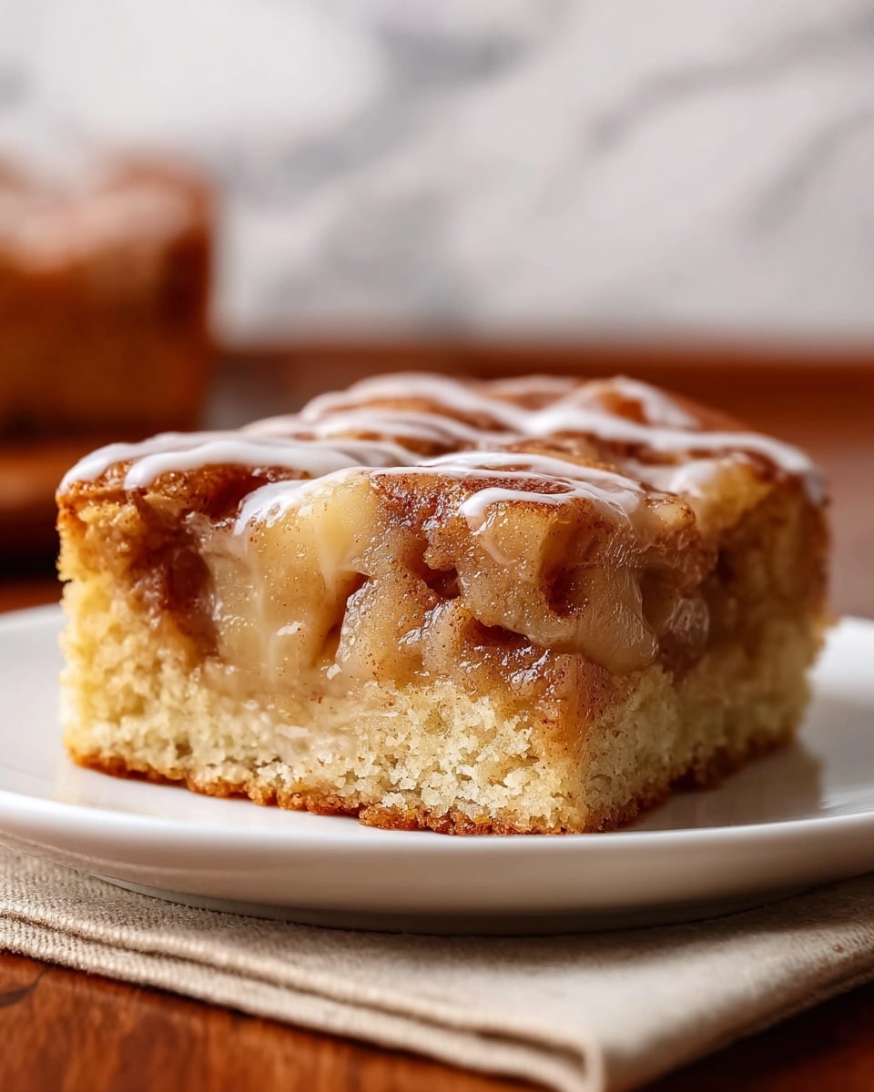A close-up of a square piece of cinnamon apple cake with three visible layers: the bottom layer is light golden and soft cake, the middle layer is gooey with chunks of apple mixed with cinnamon and sugar showing a sticky texture, and the top layer is a swirled mix of cinnamon and apple sauce with a shiny white glaze drizzled unevenly over it. The slice sits on a white plate atop a beige cloth and wooden surface with a white marbled background. photo taken with an iphone --ar 4:5 --v 7