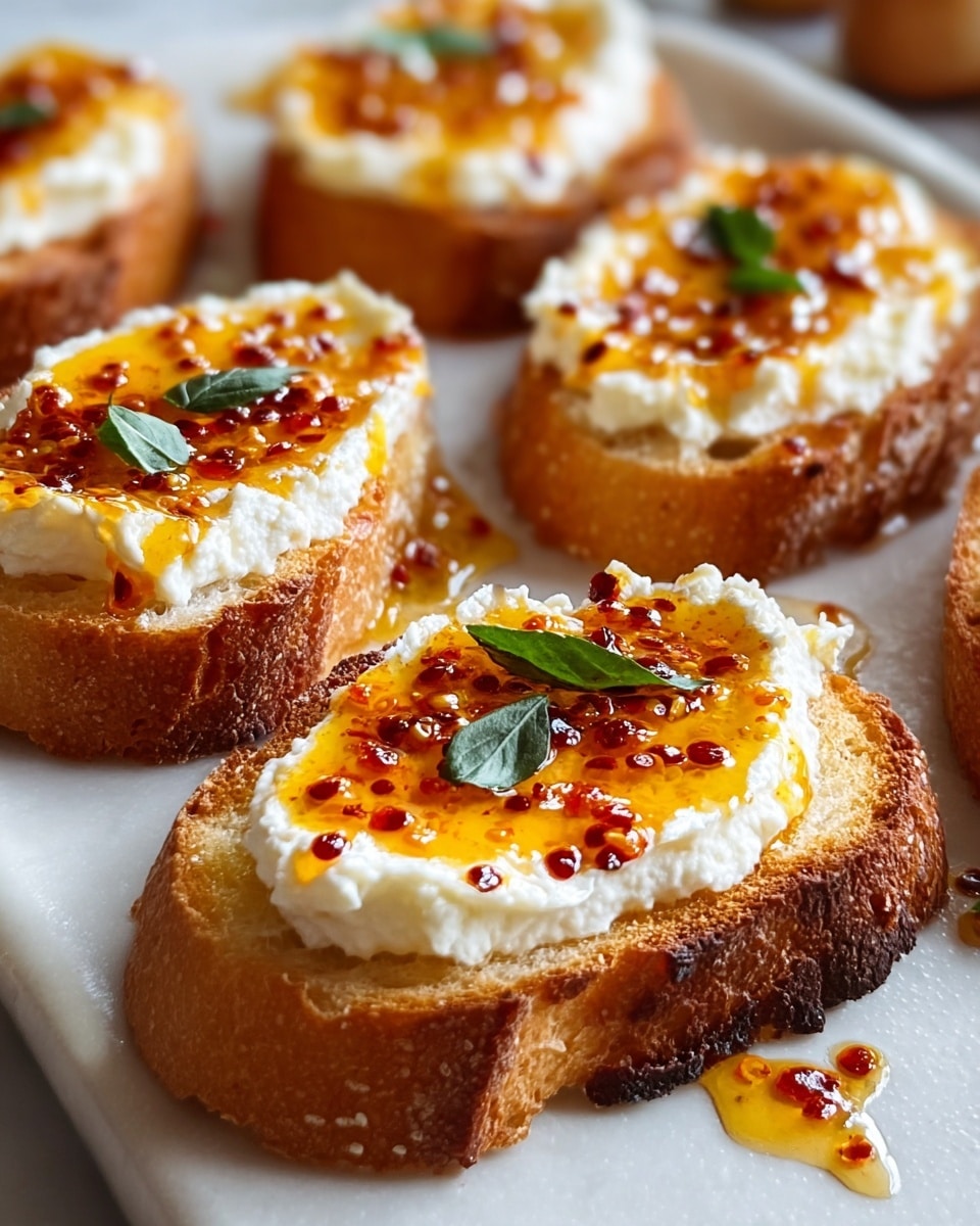 The image shows several small pieces of toasted bread with three clear layers. The base layer is a thick slice of golden-brown toasted bread with a slightly crispy crust. On top of the bread is a thick, fluffy, white cream cheese spread evenly, with a soft texture that slightly dips in the center. The top layer is a bright orange chili oil with red chili flakes, glistening and slightly pooling in the middle, punctuated by a few small fresh green basil leaves that add contrast. The toasts are arranged on a tray with a white marbled surface, and drops of chili oil have spilled onto the tray around the bread. Photo taken with an iphone --ar 4:5 --v 7