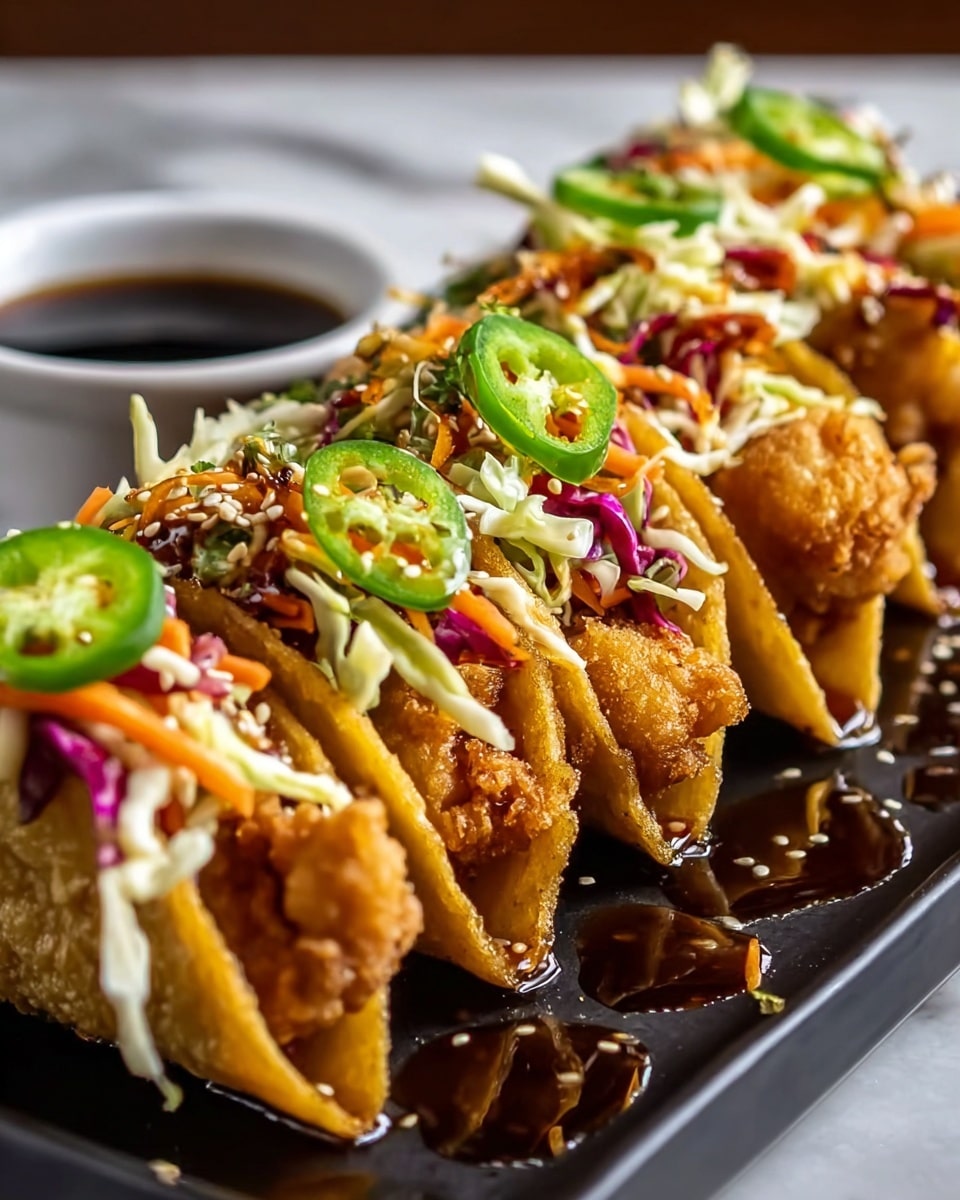 A row of five crispy golden brown fried wonton tacos stands upright on a dark tray, each taco shell filled with a piece of crunchy fried chicken. On top of the chicken is a colorful mix of thinly sliced green jalapeño rings, shredded white and purple cabbage, and small carrot strips, adding vibrant green, white, purple, and orange colors. The tacos are drizzled with a glossy dark sauce, and sprinkled with white sesame seeds. In the background, a white cup filled with dark dipping sauce is slightly blurred, all set against a soft white marbled texture. Photo taken with an iphone --ar 4:5 --v 7