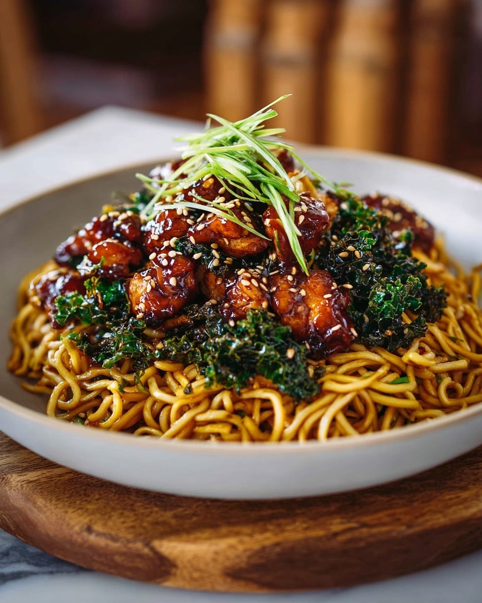 A plate filled with a large mound of golden-brown stir-fried noodles forms the base, with each strand shiny and slightly tangled. On top, rich dark brown glazed pieces of chicken are scattered generously, coated in a sticky sauce that makes them look juicy and flavorful. Mixed in and around the chicken are vibrant dark green leafy vegetables, adding texture and color contrast. The dish is finished with a sprinkle of sesame seeds and fresh thinly sliced green herbs, giving a fresh and crunchy visual detail. The plate is white with a subtle detailing visible at its rim, placed on a white marbled surface with warm, soft lighting highlighting the glossy textures. Photo taken with an iphone --ar 4:5 --v 7
