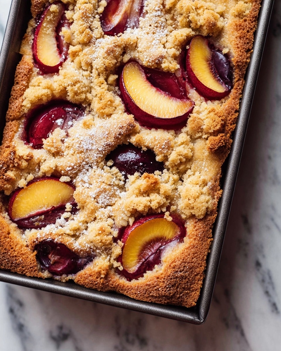 A close-up view of a baked plum cake in a dark metal rectangular pan, placed on a white marbled surface. The cake has a golden-brown crust with a soft, light texture, topped with halved plums showing deep red and yellow flesh shining softly. There are crumbly golden streusel clusters scattered over and between the plum halves, adding a rough texture contrast. Light powdered sugar is dusted lightly on the surface, highlighting the crumb and fruit details. The edges of the cake are slightly raised and browned, framing the fruit and crumb topping. photo taken with an iphone --ar 4:5 --v 7