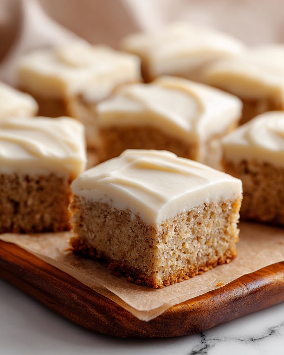 A close-up view of square pieces of cake arranged on a wooden board with parchment paper underneath. Each piece has two layers: a thick, moist bottom layer with a light brown color speckled with tiny bits, showing a soft and crumbly texture, and a smooth, creamy off-white frosting layer on top, evenly spread but with visible gentle swirls. The background shows more pieces softly out of focus on a white marbled texture. photo taken with an iphone --ar 4:5 --v 7