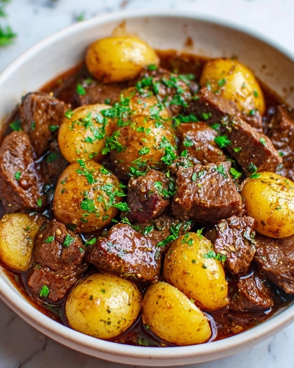 A bowl filled with rich, brown chunks of beef cooked in a thick, glossy sauce, mixed with halved small yellow potatoes that have a light, soft texture and are sprinkled with bright green chopped herbs. The bowl is white, and the background is a white marbled surface, adding a clean and simple look. The dish appears warm and savory, with a slight shine on the meat and potatoes showing they are tender and juicy, garnished evenly with fresh herbs. photo taken with an iphone --ar 4:5 --v 7