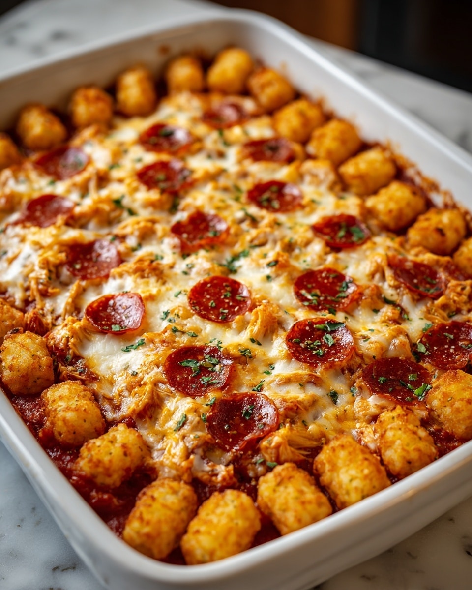 A white rectangular baking dish filled with a tater tot casserole that has three distinct layers. The bottom layer is a rich, red tomato sauce that peeks through the edges, topped by a layer of melted cheddar and mozzarella cheese mixed with shredded chicken, creating a creamy and slightly browned texture. The top layer consists of golden brown, crispy tater tots arranged carefully around the edge, forming a border. Scattered pepperoni slices, which are deep red with a glossy surface, are spread evenly across the cheesy middle, and small green herbs are sprinkled over the whole dish, adding a touch of color against the rich cheeses and sauce. The dish sits on a white marbled texture surface, with soft light highlighting the crispiness and melted cheese. photo taken with an iphone --ar 4:5 --v 7