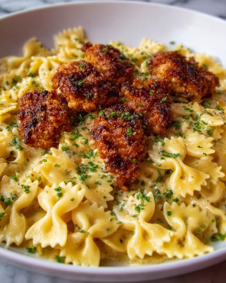 The image shows a close-up of a white plate filled with yellow bowtie pasta covered in a creamy sauce, topped with several pieces of browned, crispy fried chicken arranged on one side. The pasta has a smooth, glossy texture with green herbs sprinkled over it. The fried chicken pieces have a rough, crunchy coating, dark golden-brown in color, and small green herb bits scattered on top. The white marbled surface underneath the plate adds a clean, bright background. photo taken with an iphone --ar 4:5 --v 7