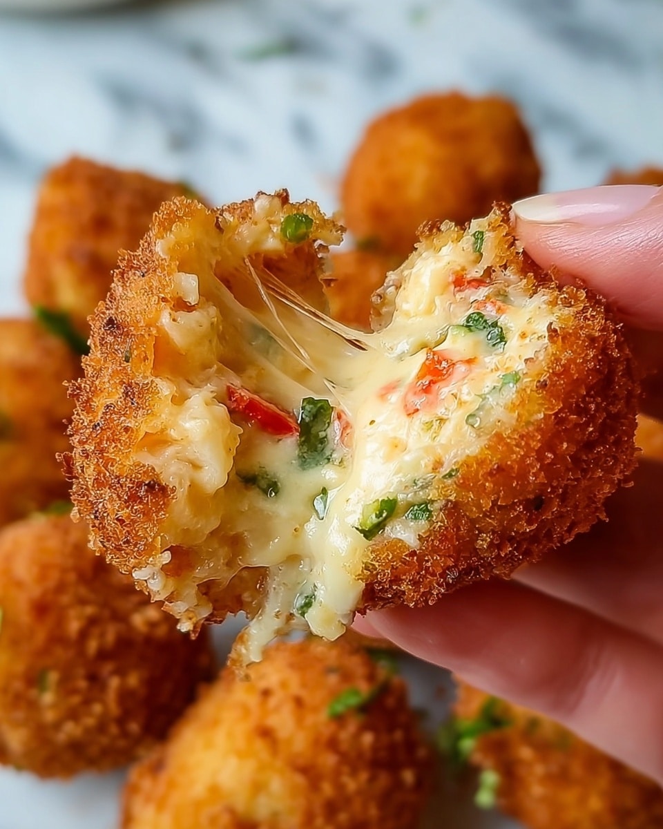 The image shows a close-up of a golden-brown crispy fried ball that is split open to reveal a creamy inside with white melted cheese, small pieces of green herbs, and red bits that look like diced peppers or tomatoes. The outer layer is crunchy and coarse, while the inside looks soft, gooey, and slightly stringy with melted cheese stretching out. In the foreground, a woman's hand is holding the fried ball, with more similar fried balls blurred in the background on a white marbled surface. photo taken with an iphone --ar 4:5 --v 7