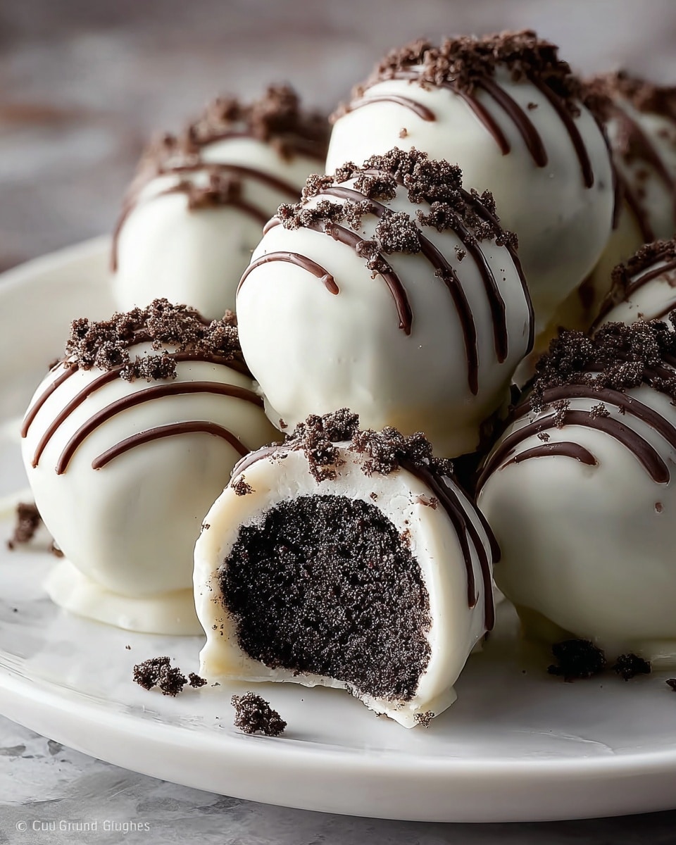 The image shows several round dessert balls on a white plate with a white marbled surface underneath. Each dessert ball has a dark, moist chocolate center covered by a smooth white coating layer. Some balls are topped with small dark chocolate crumbs scattered around the top, while others have a thin dark chocolate stripe draped over their white coating. One ball is cut in half and positioned on top of the others, revealing the dark chocolate inside. The overall texture looks creamy and crumbly with soft white and rich dark brown colors contrasting each other. Photo taken with an iphone --ar 4:5 --v 7