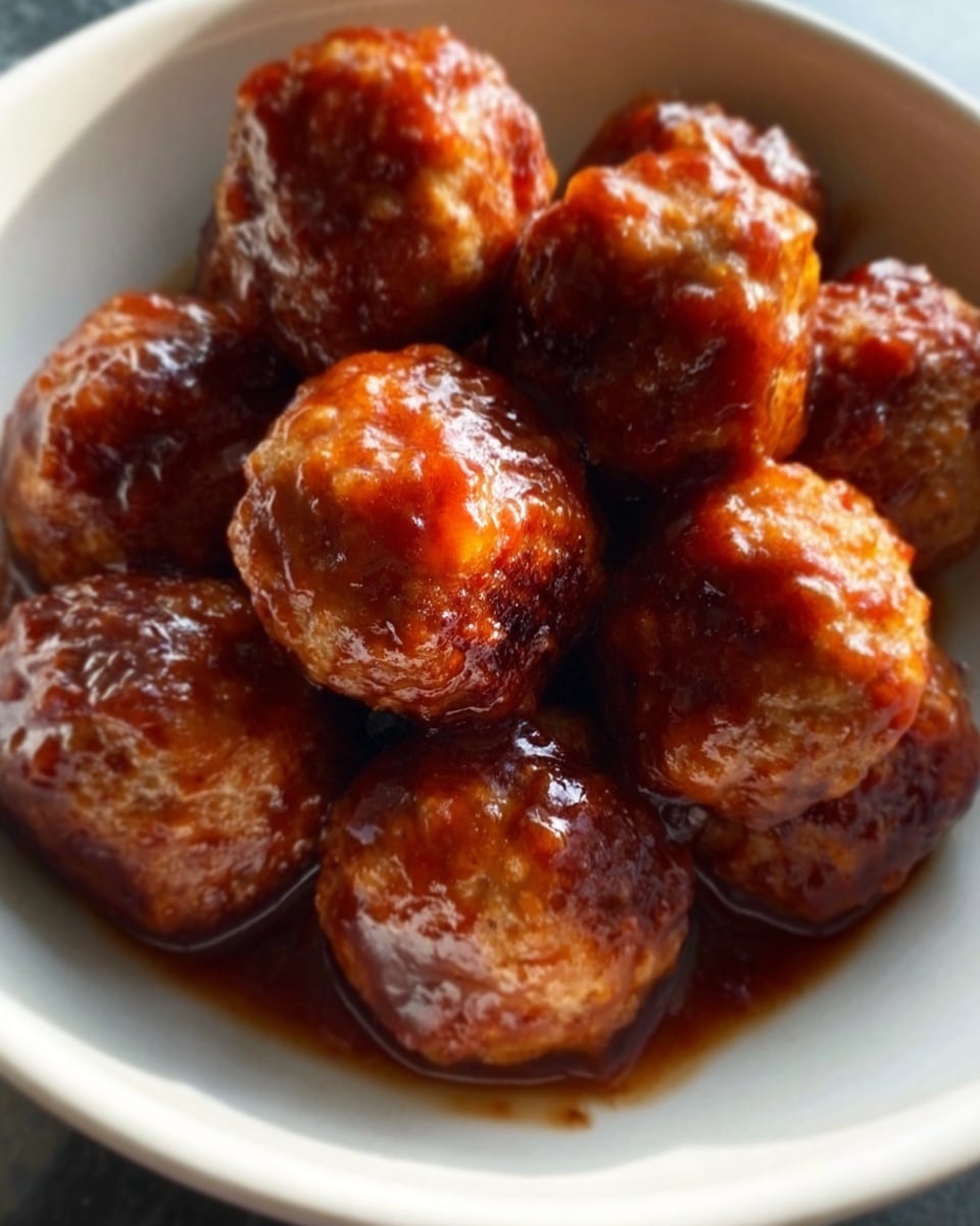 A white bowl filled with about nine golden-brown meatballs, each coated in a shiny, sticky reddish-brown sauce that gives them a glossy look. The meatballs are round and closely packed, with the sauce pooling slightly at the bottom of the bowl. The white marbled surface underneath reflects light softly around the bowl. Photo taken with an iphone --ar 4:5 --v 7