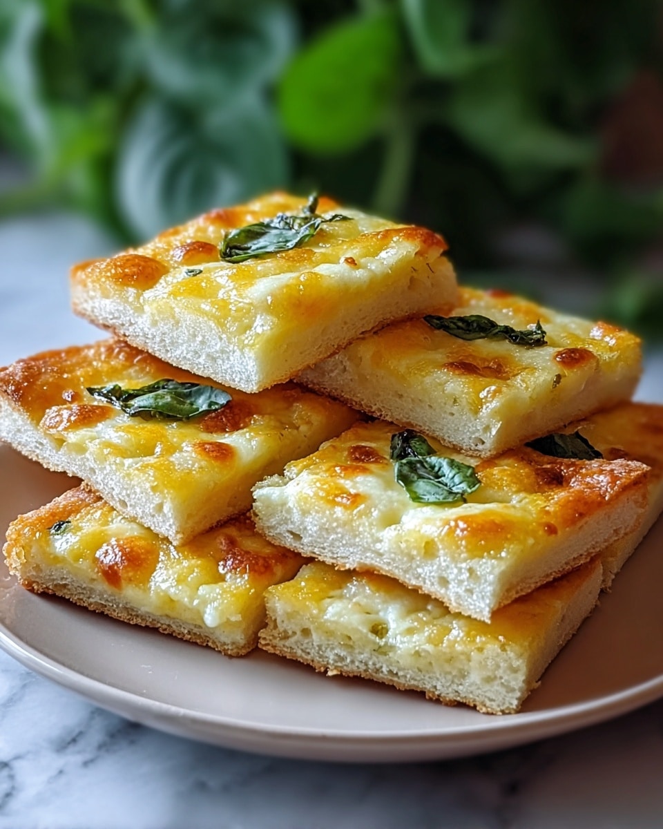 A stack of square cheesy bread slices arranged on a white plate, each slice showing two clear layers; the bottom layer is a light brown, thin crust while the top layer is thick and golden-yellow with melted cheese, topped with a few green basil leaves scattered across the surface, giving a fresh touch. The cheese looks bubbly and slightly browned in spots, creating a textured and inviting appearance on each slice. The background features a white marbled texture with a blurred green plant in the distance. photo taken with an iphone --ar 4:5 --v 7