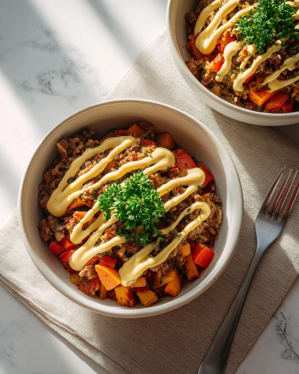 The image shows two white bowls placed on a white marbled surface, each filled with a layered dish. At the bottom are chunks of orange and red cooked vegetables, topped with a thick layer of brown cooked meat pieces mixed with the vegetables. On top of the meat is a creamy light yellow sauce drizzled in thick, wavy lines, with fresh green parsley leaves placed in the center as garnish. The bowls are simple and round, with one fully visible in the foreground and the other partially visible in the top left corner. Next to the front bowl is a beige cloth napkin with a silver fork resting on it, casting soft shadows from natural light. Photo taken with an iphone --ar 4:5 --v 7
