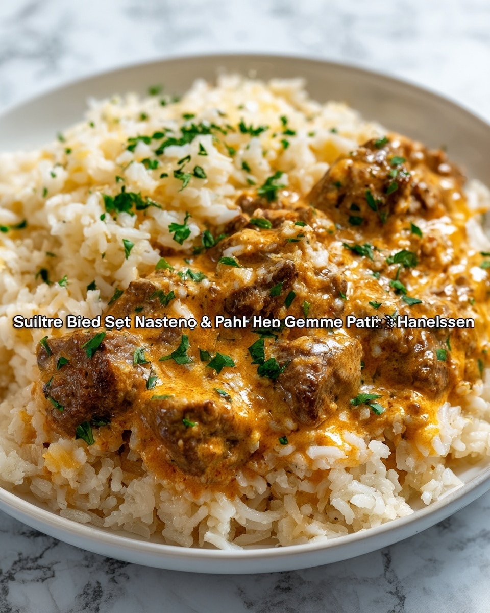 The dish shows three main layers starting from the bottom with a thick bed of white rice that looks soft and fluffy, forming a round base on a white marbled surface. The second layer is chunky pieces of browned beef scattered evenly on the rice, coated lightly in an orange-yellow cheddar parmesan sauce that has a smooth texture and glistens under the light. The top layer is a sprinkling of finely chopped green herbs adding a fresh contrast to the warm colors below. The food fills a round white plate, and the glow on the sauce makes it look warm and freshly served. photo taken with an iphone --ar 4:5 --v 7