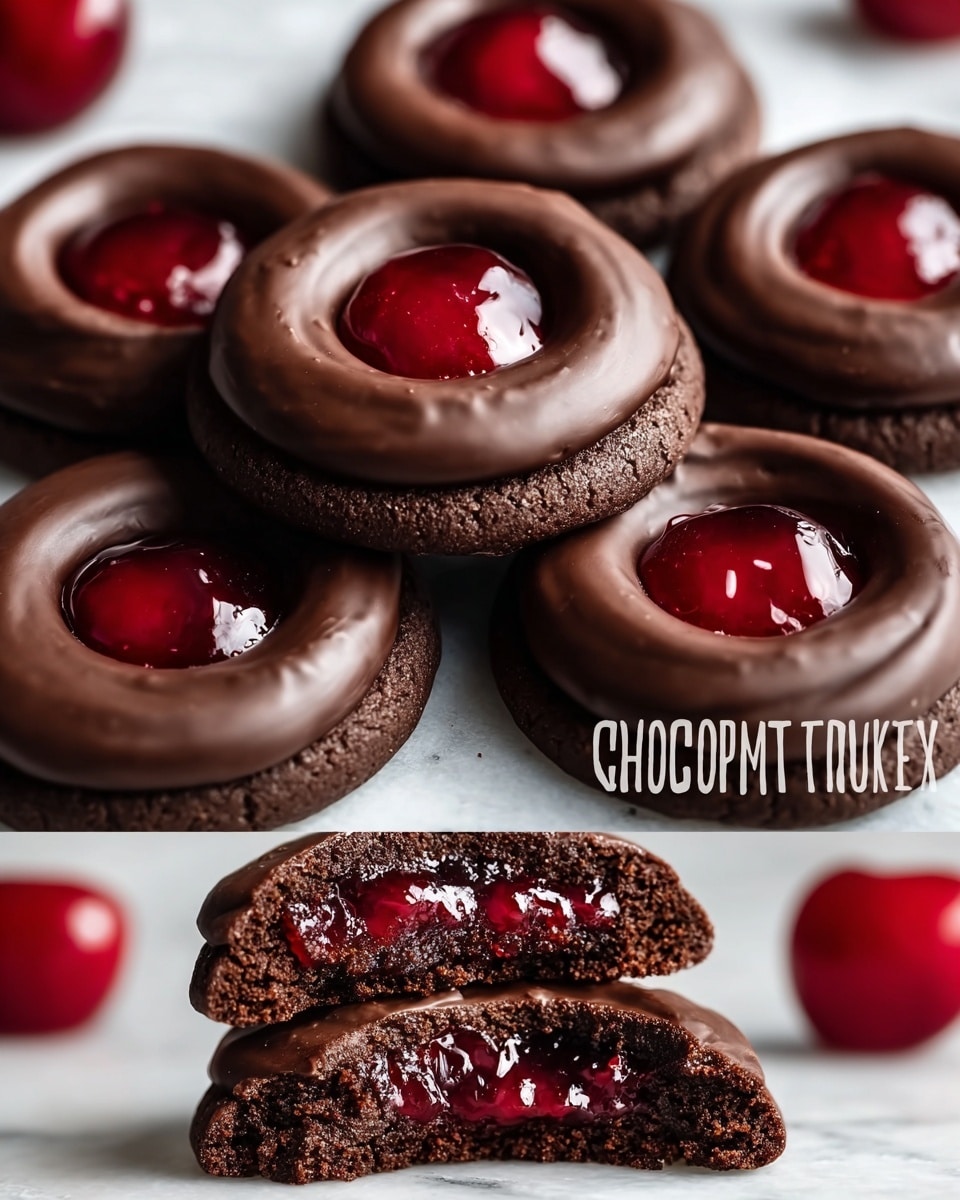 The image shows glossy chocolate thumbprint cookies with a deep red cherry filling in the center of each cookie. The top layer is a smooth, dark brown chocolate ring that forms a circle around the shiny, juicy cherry in the middle. The bottom half of the photo displays one cookie cut in half, revealing two layers inside: a dense, rich chocolate cookie base with a moist, soft texture and the vibrant cherry jam sitting perfectly in the middle. The cookies are resting on a white plate with subtle blue patterns, set against a white marbled background. Photo taken with an iphone --ar 4:5 --v 7