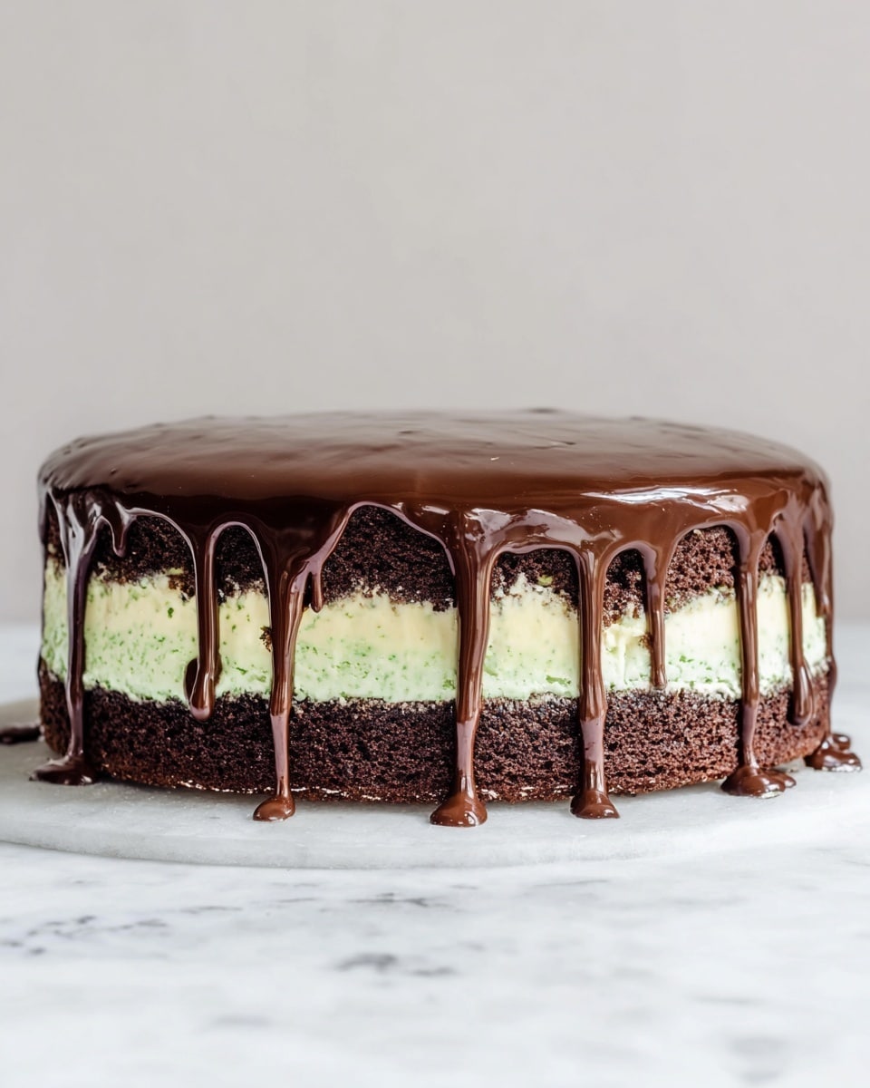The image shows a round cake with four visible layers placed on a white marbled surface. The bottom and third layers are dark brown, moist cake, while the second and top layers are a pale green, creamy filling. The entire cake is covered with a shiny, smooth chocolate glaze that drips down the sides unevenly, creating thick and thin drips that reach just past the middle of the cake. The background is plain and neutral, keeping the focus on the cake. Photo taken with an iphone --ar 4:5 --v 7