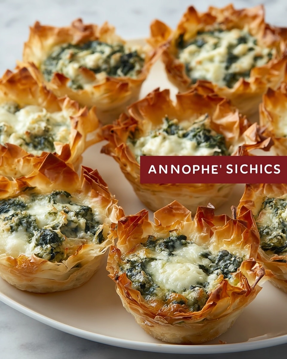 The image shows small cups made with crispy, golden-brown filo pastry forming each cup's outer layers with thin, crinkled, and uneven edges, filled with a creamy spinach and artichoke mixture. Inside, the filling is green with visible spinach leaves mixed in a smooth, melted, and slightly browned light yellow cheese topping. The cups are placed close together on a white plate sitting on a white marbled texture surface, showcasing a total of about 12 cups in two rows, with a soft focus on the cups further back. photo taken with an iphone --ar 4:5 --v 7
