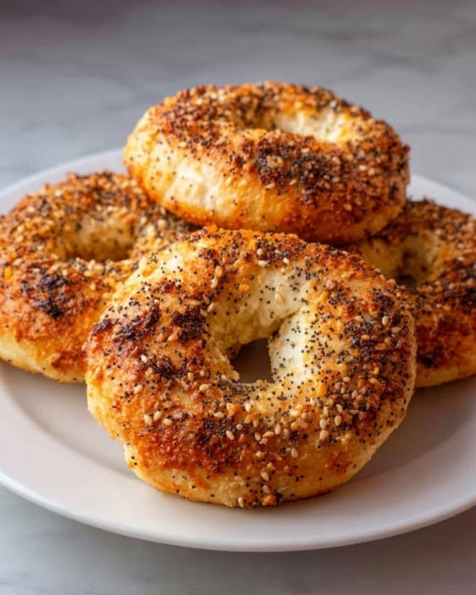 The image shows a white plate with four golden brown bagels stacked closely together. Each bagel has a crispy, slightly uneven crust with light browned spots and a few black sesame seeds sprinkled on top. The bagels have a soft texture inside, visible through some small cracks on the surface. The plate rests on a white marbled textured surface. photo taken with an iphone --ar 4:5 --v 7