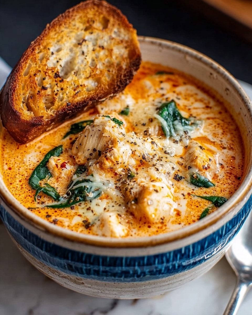 A close-up image of a deep white bowl filled with creamy orange soup, topped with chunks of beige chicken, dark green leafy herbs, and a light drizzle of white cream. A piece of toasted bread with a golden-brown crust is placed leaning on the rim of the bowl. The bowl rests on a white marbled surface with a silver spoon nearby. Photo taken with an iphone --ar 4:5 --v 7