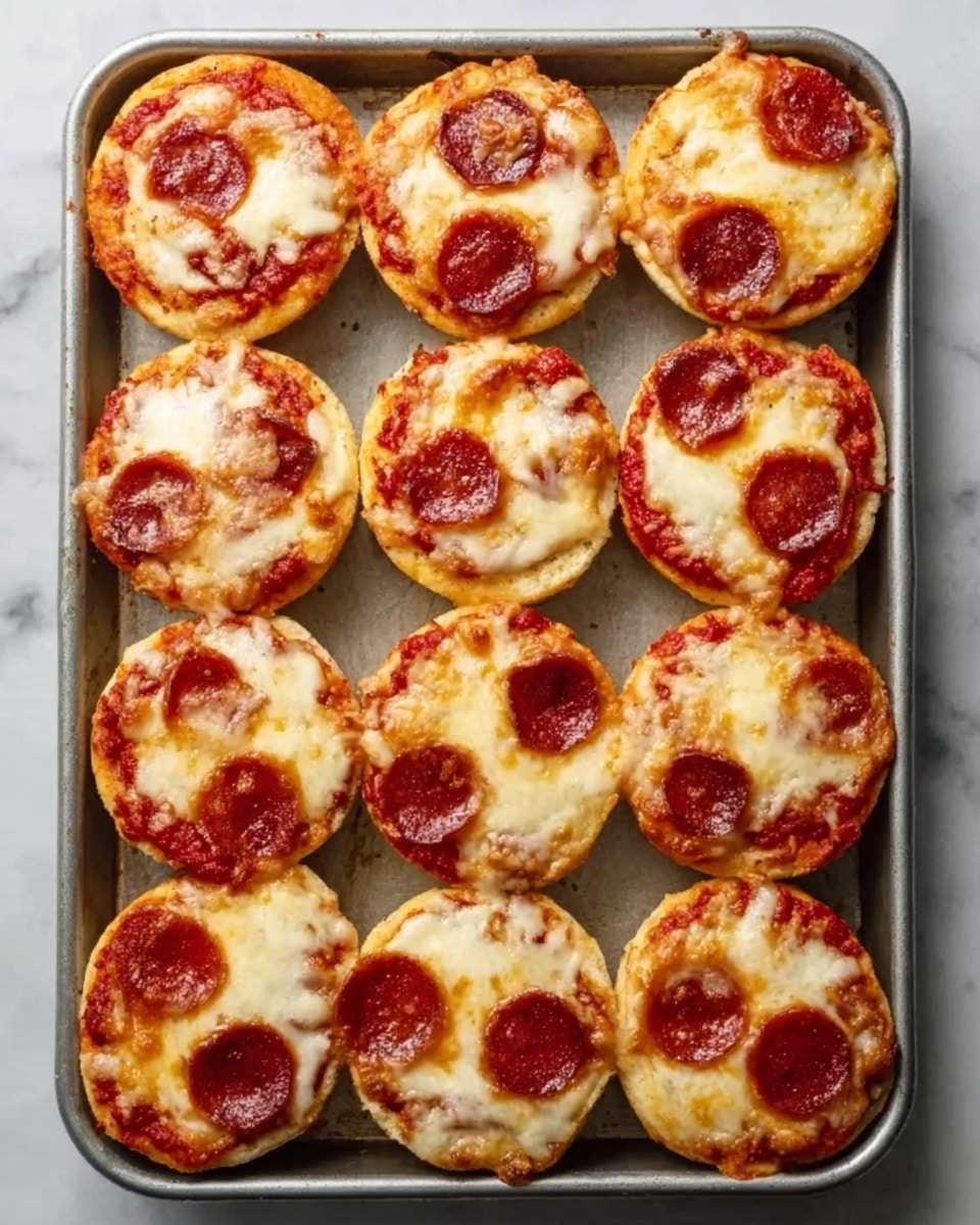 The image shows a metal baking tray with nine mini pizzas arranged in three rows and three columns. Each pizza has a golden-brown crust, topped with melted white cheese that looks bubbly and slightly browned in spots. On top of the cheese, there are several slices of pepperoni, dark red with a glistening texture. The pizzas are evenly spaced in the tray, and the background surface is a white marbled texture. Photo taken with an iphone --ar 4:5 --v 7