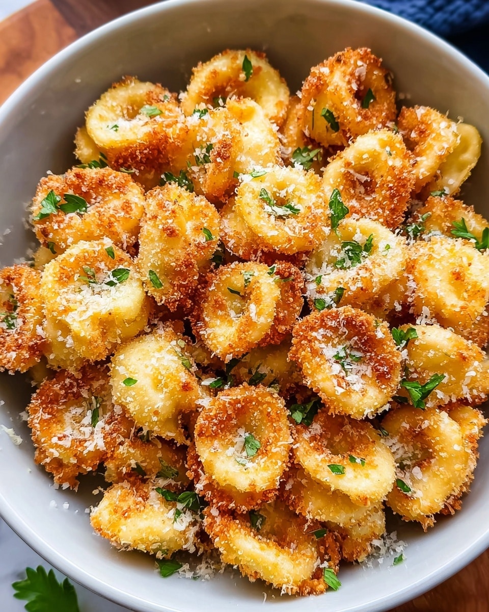 A close-up of a white bowl filled with golden brown, breaded and fried tortellini pieces, each with a crispy, crumb-coated outer layer and a soft, pale yellow center. The tortellini are sprinkled with finely grated cheese and small green parsley bits scattered evenly across the top, adding a touch of freshness. The bowl sits on a white marbled surface with soft natural light highlighting the crunchy texture and rich colors of the dish. photo taken with an iphone --ar 4:5 --v 7
