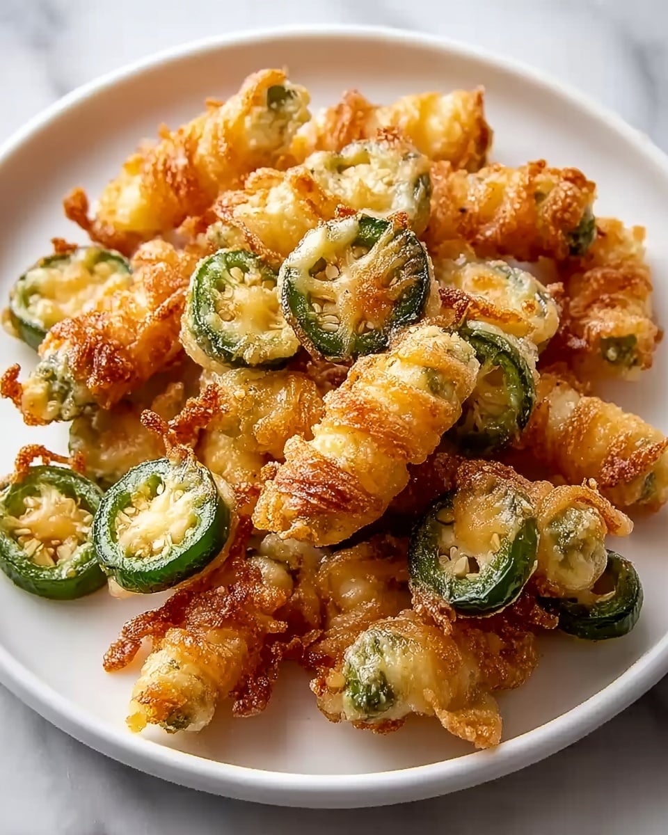 The image shows a white plate piled high with crispy, golden-brown cheese-wrapped jalapeño slices. Each piece consists of a bright green jalapeño ring tightly covered in melted, bubbly cheese that has browned slightly to a crunchy texture, with some cheese edges curling outward. The jalapeños and cheese have a textured, almost crinkled look from the baking process. The plate sits on a white marbled surface, making the warm colors of the snack pop. Photo taken with an iphone --ar 4:5 --v 7