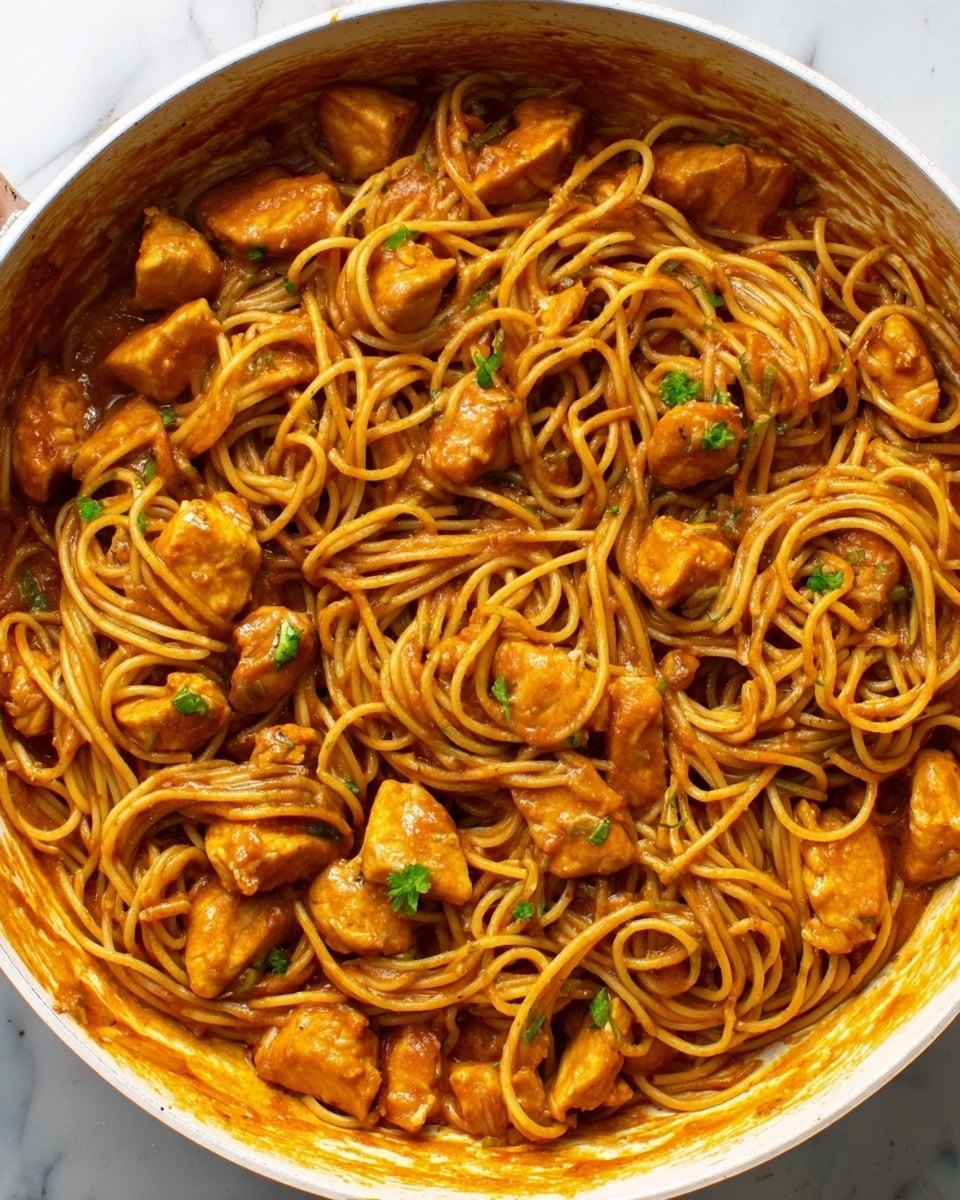A round white pan filled with spaghetti mixed with thick orange-brown sauce and pieces of cooked chicken. The spaghetti strands are lightly coated with sauce and twirled around, while the chicken chunks are scattered evenly throughout. Small green herb pieces are sprinkled on top, adding a touch of color. The pan sits on a white marbled surface, showing some sauce stains along the edges. photo taken with an iphone --ar 4:5 --v 7